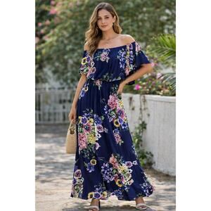 ODDY Off Shoulder Floral Maxi Dress Boho Cottagecore Navy Ruffle Stretch S